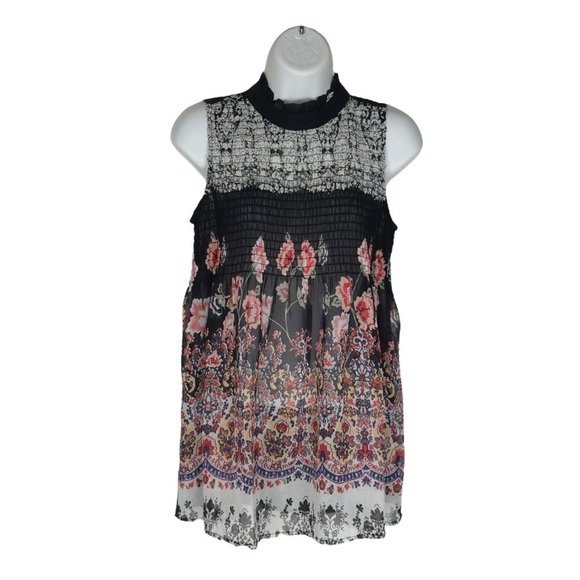 Alter’d State Black Semi Sheer Floral Smocked Sleeveless Keyhole Top Small - Picture 2 of 11
